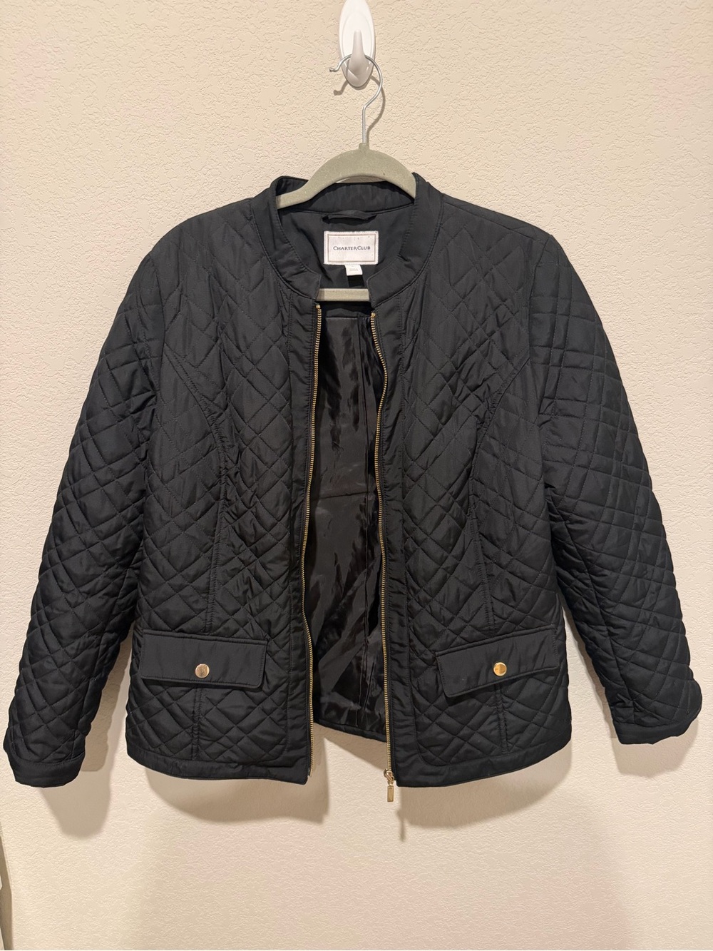 Charter Club Black Quilted Zip Jacket with Gold-Tone Accents